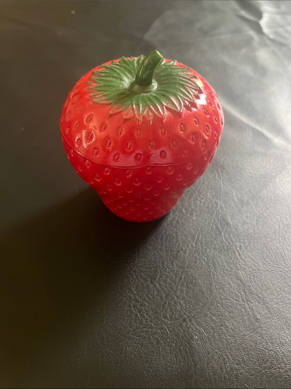 Hazel-Atlas 1940’s Bright Strawberry jelly Jar with Green Leaf Lid